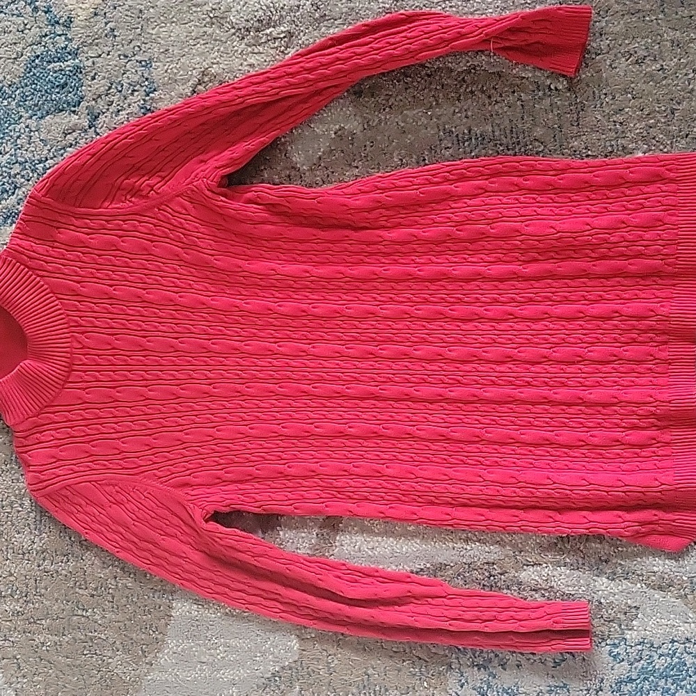 Lands' End Women's Medium Tall 100% Cotton Xmas Red Cable Knit Mockneck Tunic